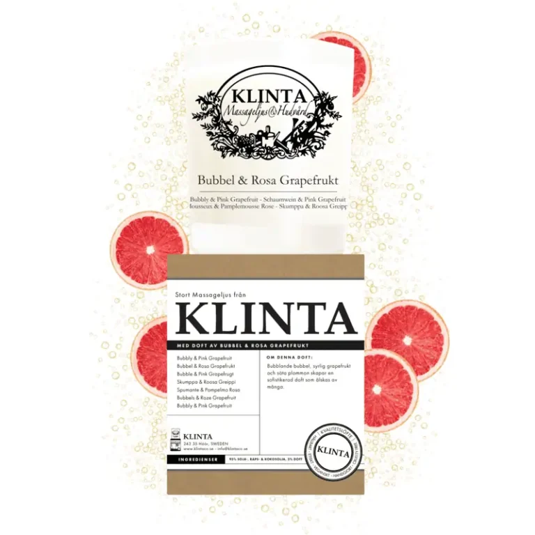 Massageljus från Klinta med etikett "Bubbel & Rosa Grapefrukt", placerat bland rosa grapefruktskivor och mousserande bubblor.