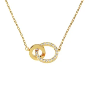 Eternal Orbit halsband i guldpläterat stål med två sammanlänkade cirklar, varav en är dekorerad med cubic zirconia.