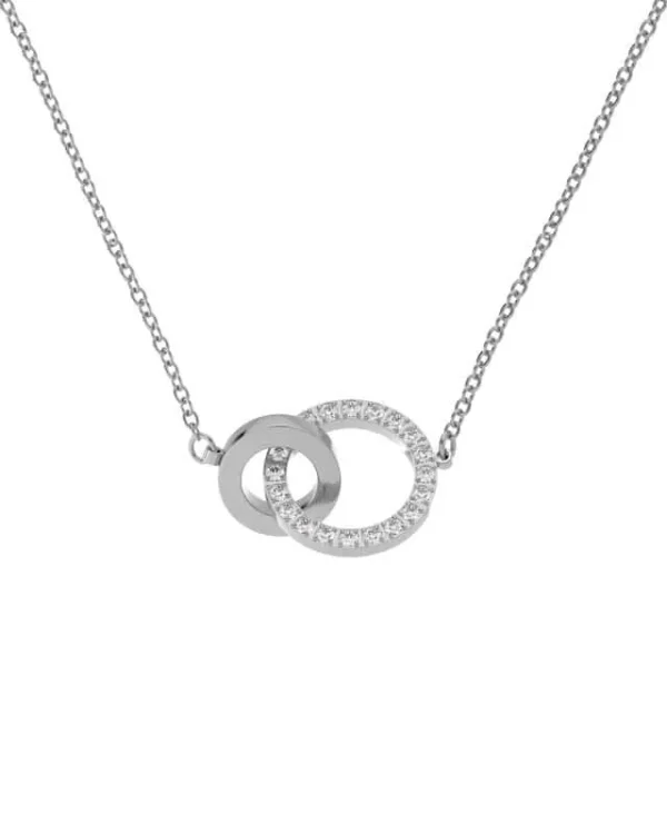 Halsband i rostfritt stål med två sammanlänkade cirklar, varav en med glittrande stenar – Edblad Eternal Orbit Necklace.
