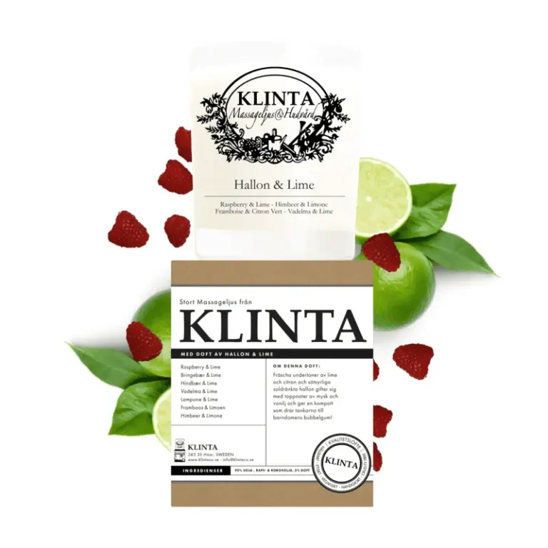 Klinta massageljus Hallon & Lime med tillhörande ask, dekorerat med hallon, lime och gröna blad.