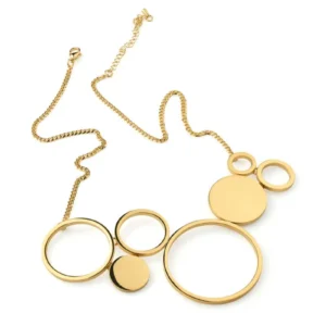 Luna Nova Golden Grand Necklace – halsband i guldfärgat stål med flera cirklar i skulptural design.
