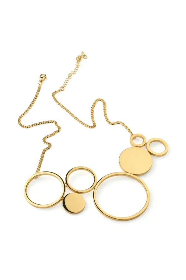 Luna Nova Golden Grand Necklace – halsband i guldfärgat stål med flera cirklar i skulptural design.