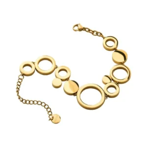 Armband i guldpläterat stål med blanka cirklar i olika storlekar, justerbar kedja och rund bricka med Sägens logotyp.