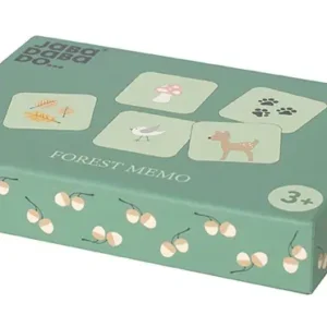 Grön ask med skogstema innehållande memoryspel från Jabadabado, med motiv som svamp, fågel och hjort.