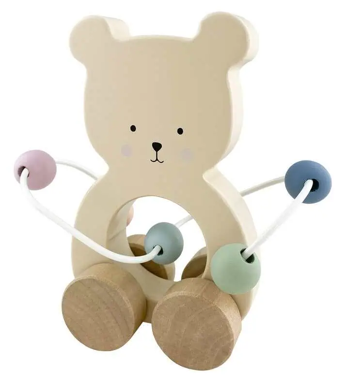 Jabadabado rulldjur Teddy i trä med färgglada kulor som kan flyttas runt – en leksak för barn från 1 år.