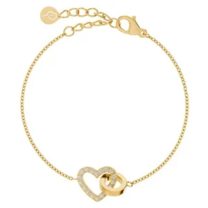 Armband i guld med hjärta dekorerat med klara stenar och en slät ring, från Edblad. Justerbar kedja med lås och logoberlock.