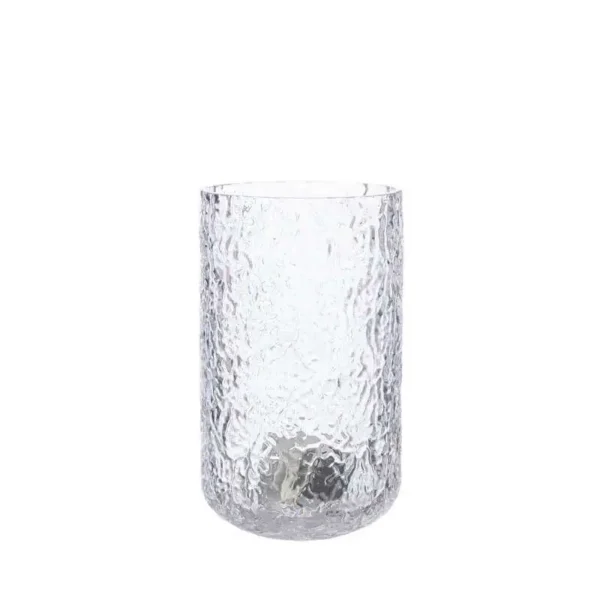 Hög ljuslykta i klart, mönstrat glas med cylinderform, 15 cm hög och 9 cm i diameter, från ERNST.