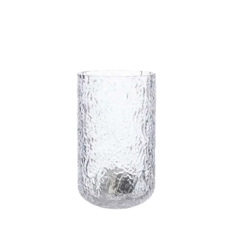 Hög ljuslykta i klart, mönstrat glas med cylinderform, 15 cm hög och 9 cm i diameter, från ERNST.