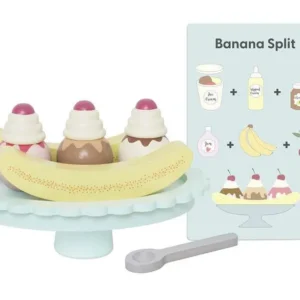 Banana Split i trä från Jabadabado med serveringsfat, sked, glasskulor och grädddekoration – komplett glassleksak.