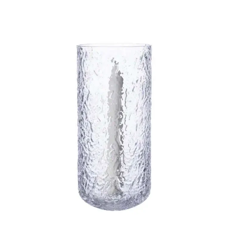 Stor ljuslykta i klart, strukturerat glas med cylindrisk form, 25 cm hög och 11 cm i diameter, från ERNST.