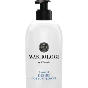 WASHOLOGI Hand Cream Desire – återfuktande handkräm med doft av bomullsblomma i vit pumpflaska.
