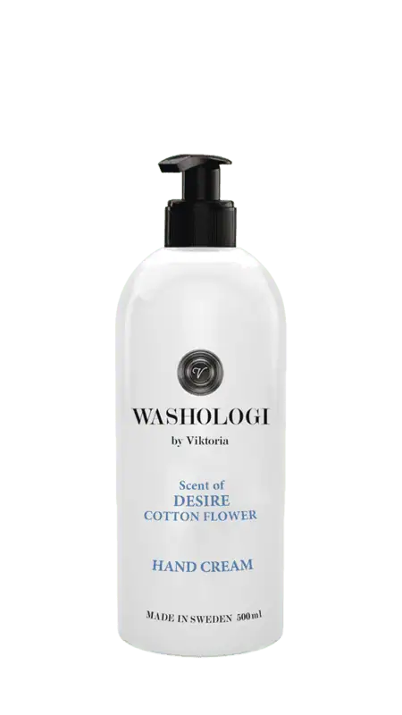 WASHOLOGI Hand Cream Desire – återfuktande handkräm med doft av bomullsblomma i vit pumpflaska.