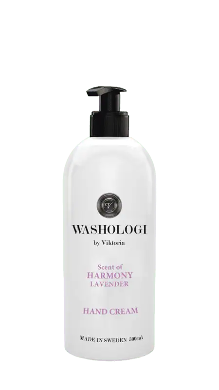 WASHOLOGI Hand Cream Harmony – återfuktande handkräm med lavendel i vit flaska med svart pump.