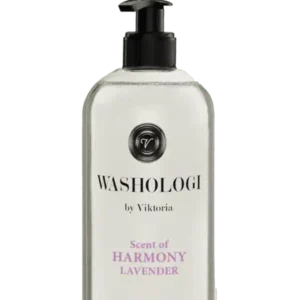 WASHOLOGI Soap Harmony – flytande tvål med lavendeldoft och aloe vera i genomskinlig pumpflaska.