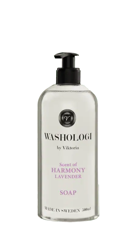 WASHOLOGI Soap Harmony – flytande tvål med lavendeldoft och aloe vera i genomskinlig pumpflaska.