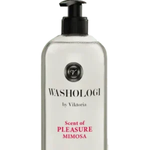 WASHOLOGI Soap Pleasure – flytande tvål med mimosa och aloe vera i transparent pumpflaska.