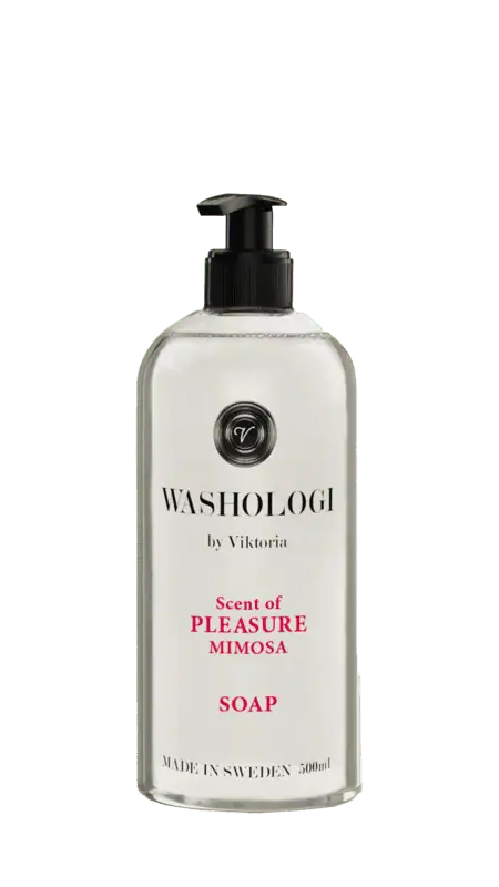 WASHOLOGI Soap Pleasure – flytande tvål med mimosa och aloe vera i transparent pumpflaska.