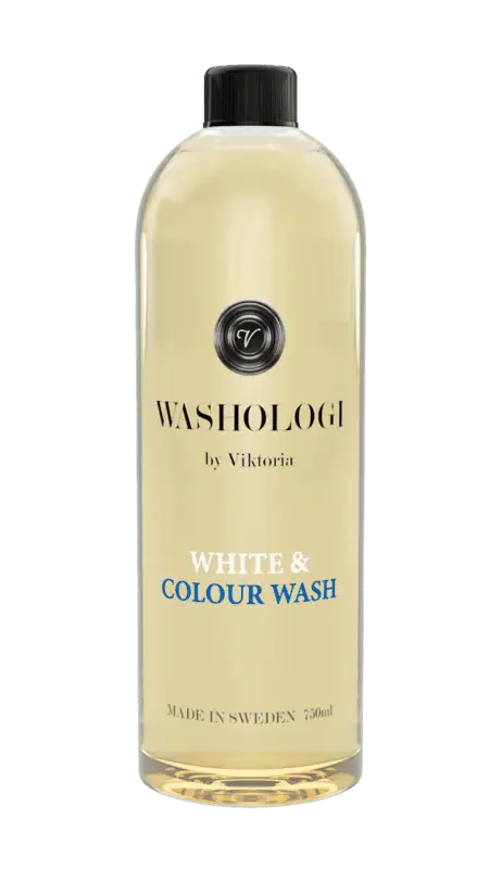 WASHOLOGI White & Colour Wash – effektivt tvättmedel för vit och färgad tvätt med doft av jasmin i transparent flaska.