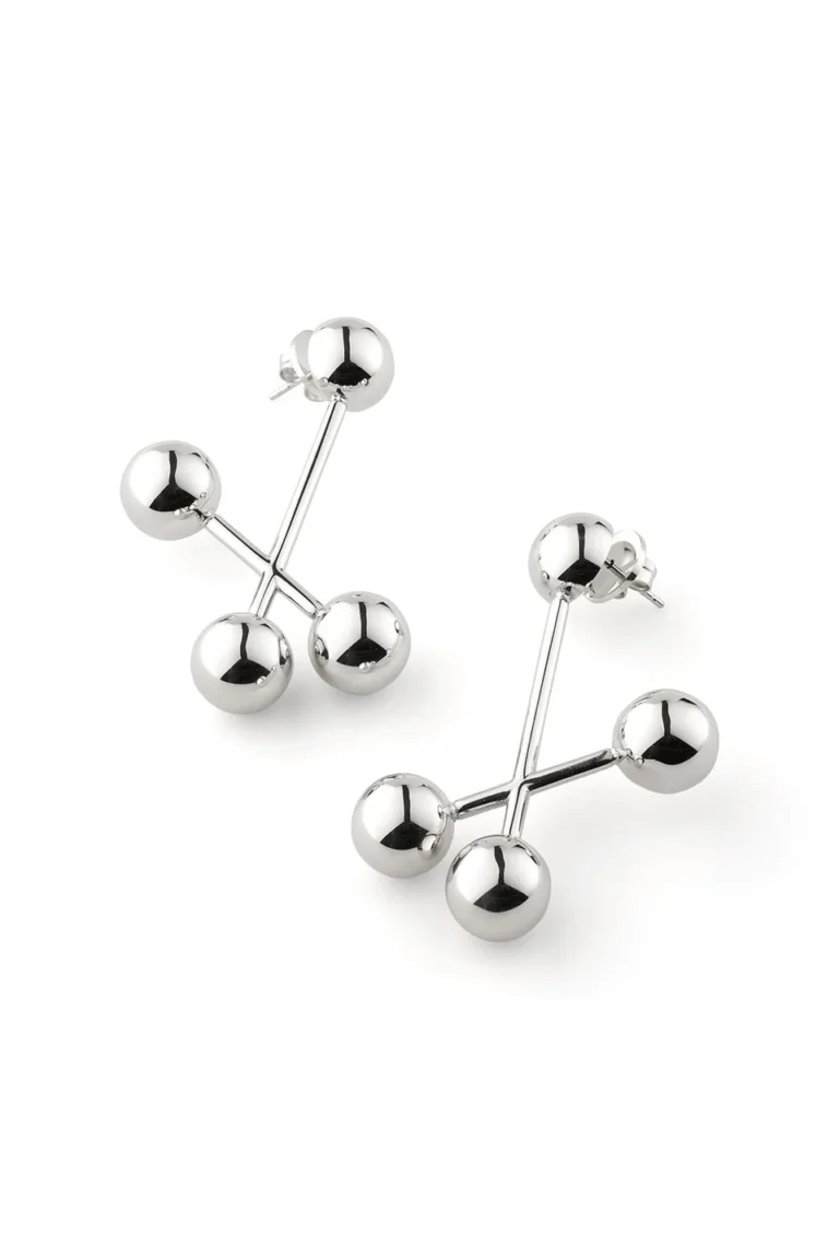 Ett par moderna örhängen i silverfärgat stål med tre kulor på varje örhänge, arrangerade i en stilren, geometrisk form.
