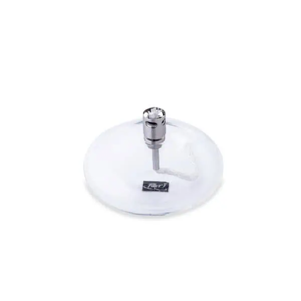 Oljelampa i form av Disc, liten modell i klart glas med kromad topp från Peri Design.