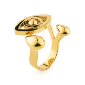 Voyance ring i guldpläterat stål med öga och två tårar, frilagd mot vit bakgrund.