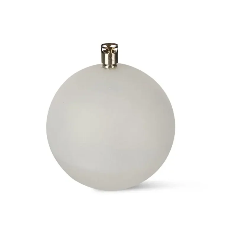 Stor rund oljelampa i frostat vitt glas med silverfärgad brännare, placerad mot vit bakgrund.