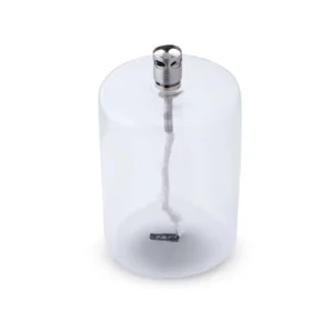 Transparent cylinderformad oljelampa med kromad brännare – Cylinder Clear Chrome L från Peri Design.