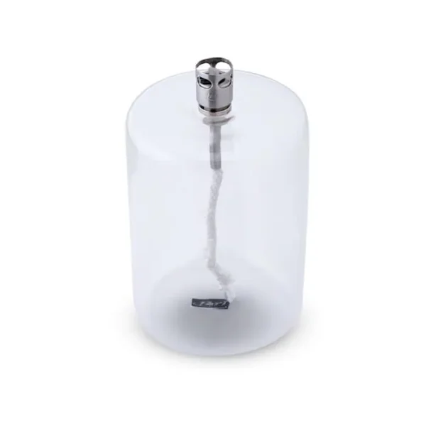 Transparent cylinderformad oljelampa med kromad brännare – Cylinder Clear Chrome L från Peri Design.