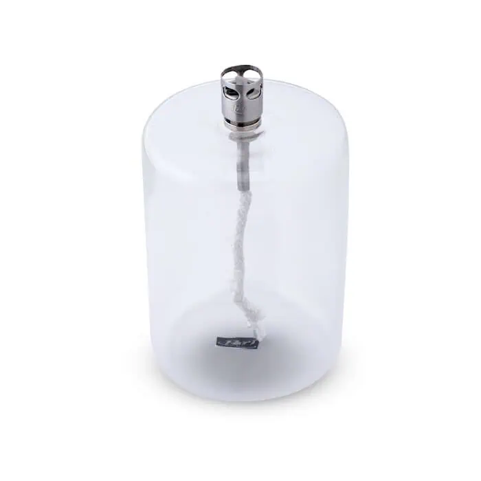Transparent cylinderformad oljelampa med kromad brännare – Cylinder Clear Chrome L från Peri Design.