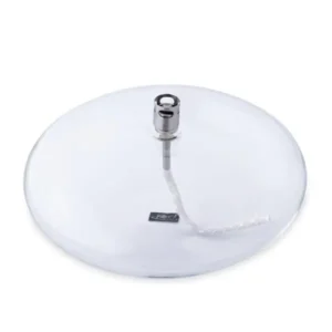 Stor rund oljelampa i transparent glas med silverfärgad brännare, designad i minimalistisk disc-form.