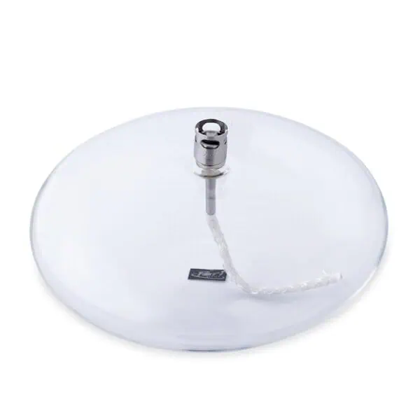 Stor rund oljelampa i transparent glas med silverfärgad brännare, designad i minimalistisk disc-form.