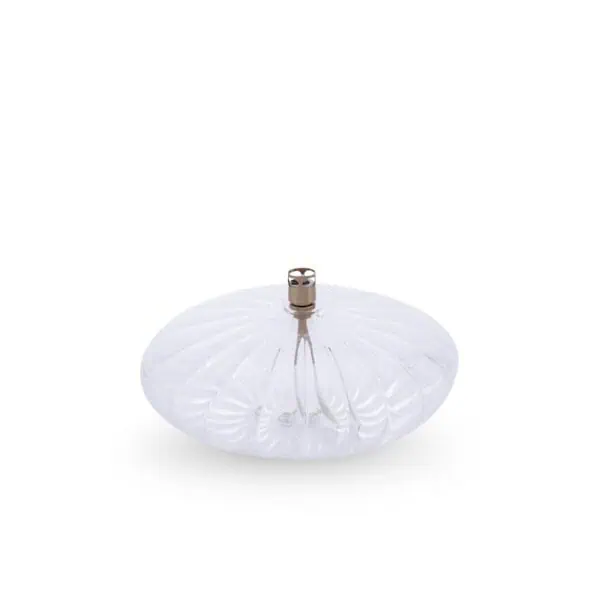 Transparent oljelampa i rund, räfflad form med mässingsbrännare – modell Disc Elegant Brass L från Peri Design.