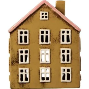 Keramikhus i gult med rosa tak och vita fönster från Ib Laursen, inspirerat av Nyhavn i Köpenhamn.