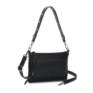 Navyblå crossoverväska från Lycke Oslo med bred nitrem och justerbar axelrem i veganskt läder.