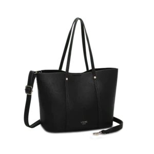 Svart handväska från Lycke i PU med dubbla handtag och avtagbar axelrem mot transparent bakgrund.