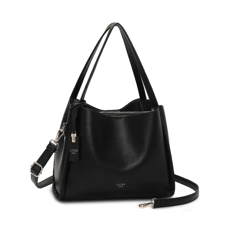 Svart handväska från Lycke Oslo i PU med dragkedja, dubbla handtag och justerbar axelrem.