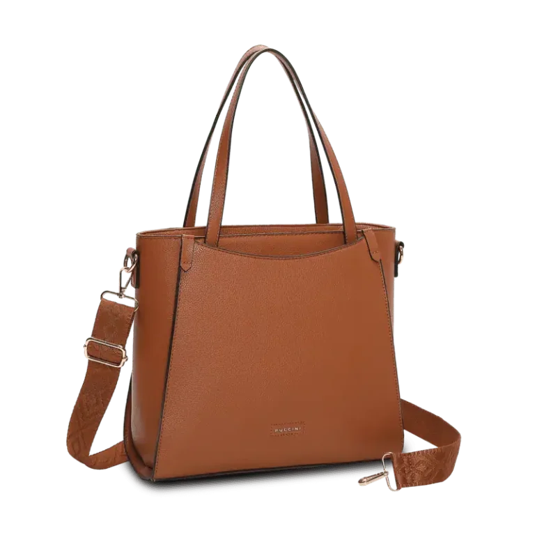 Cognac tote bag från Puccini med dubbla handtag och axelrem i klassisk design.