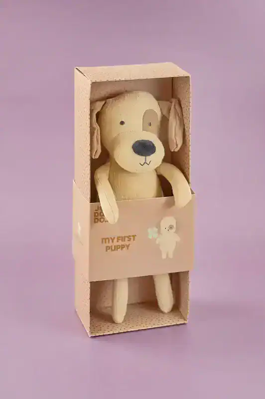 Presentask Buddy Puppy från Jabadabado med mjuk beige gosedjurshund i exklusiv presentförpackning för nyfödda och små barn.