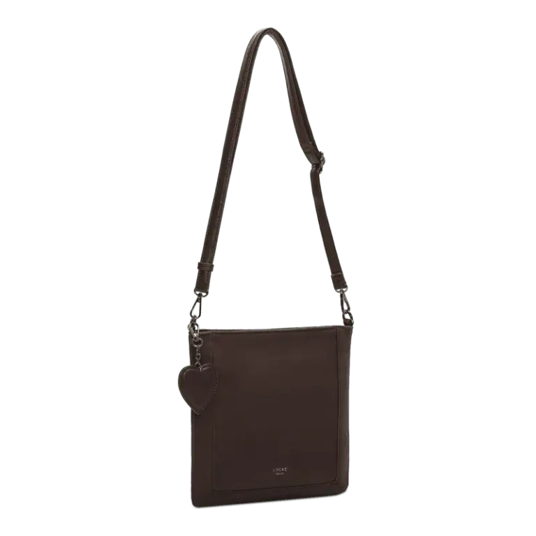 Brun crossbodyväska från Lycke Oslo i polyester med mockakänsla, justerbar axelrem och hjärtberlock.
