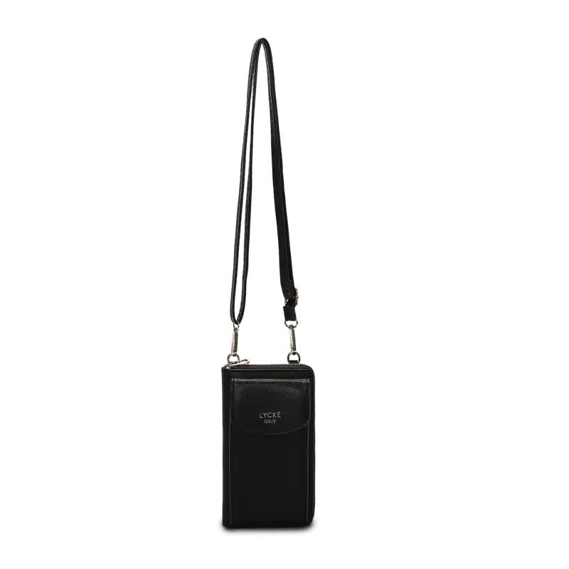 Svart phonebag från Lycke Oslo med lång axelrem och smalt, kompakt format för mobil och små tillhörigheter.