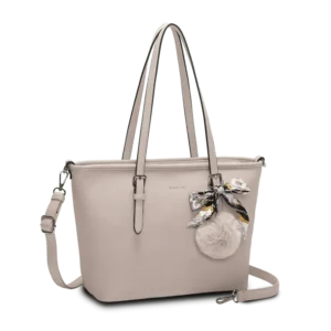 Beige tote bag från Puccini med dubbla handtag, avtagbar axelrem och dekorativ scarf med mjuk pompom.