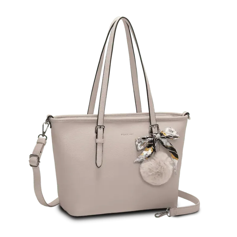 Beige tote bag från Puccini med dubbla handtag, avtagbar axelrem och dekorativ scarf med mjuk pompom.