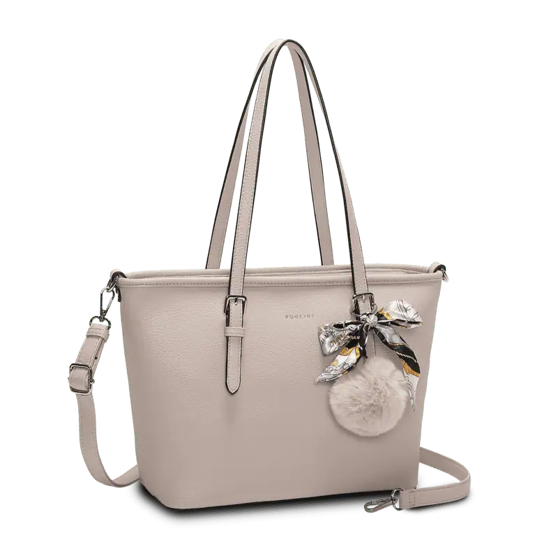 Beige tote bag från Puccini med dubbla handtag, avtagbar axelrem och dekorativ scarf med mjuk pompom.