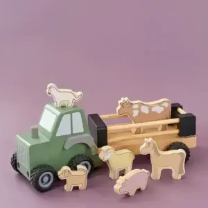 Traktor med djur från Jabadabado i trä med avtagbart släp och sex bondgårdsdjur för barn från 18 månader.