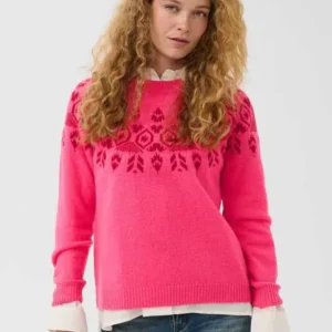 Rosa CUjia Katrina Pullover från Culture i 100 % ull med mörkrosa mönster, rund hals och lång ärm.