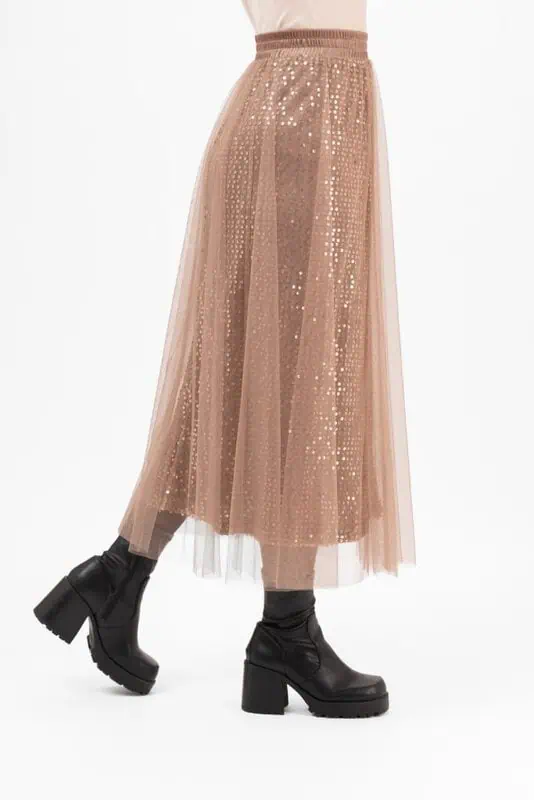 Cherie Tulle Skirt Toffee Brown – romantisk tyllkjol med skimrande paljetter - Bild 2